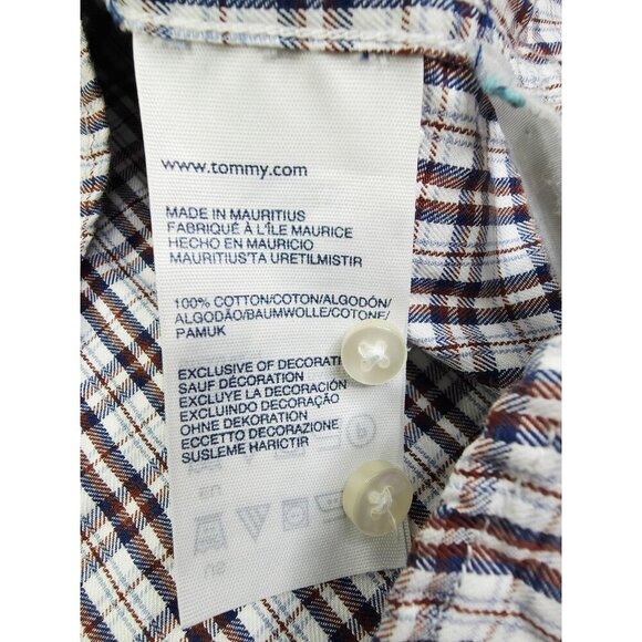 Tommy Hilfiger Custom Fit Medium Mens White Blue Burgundy Check Logo Long Sleeve - Picture 7 of 11